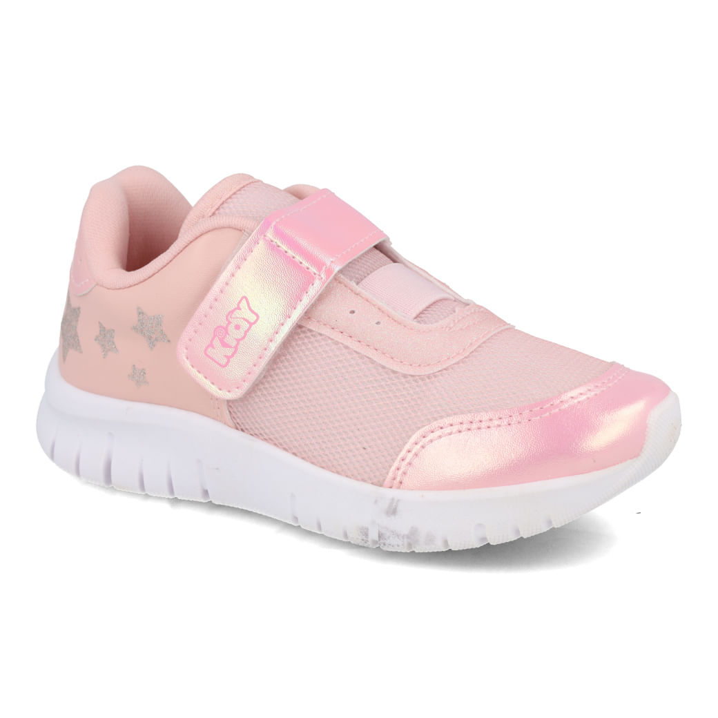 Tênis infantil Kidy bege com detalhes rosa perolado, ideal para uso casual e conforto das crianças.